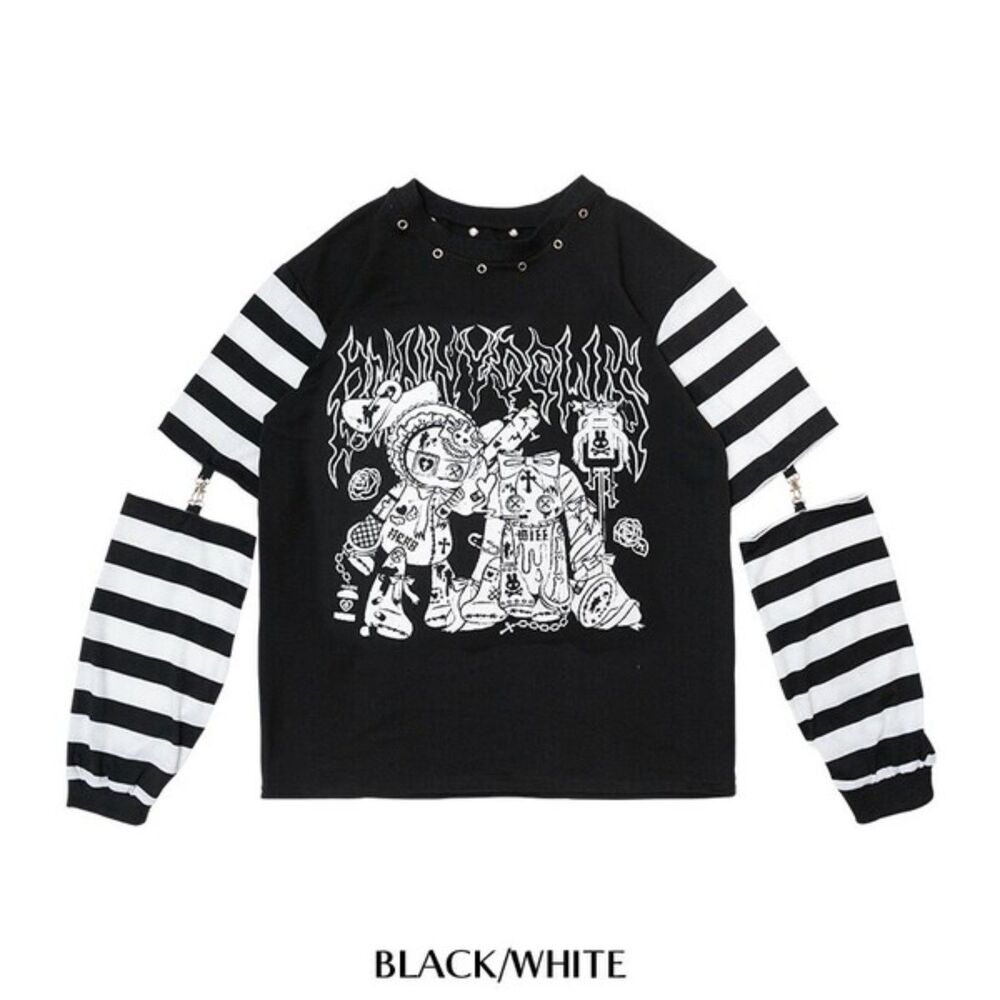 Gothic Emo Harajuku Punk Rock Rave T-Shirt B/W – with Detachable Arm Warmers L - Picture 3 of 4